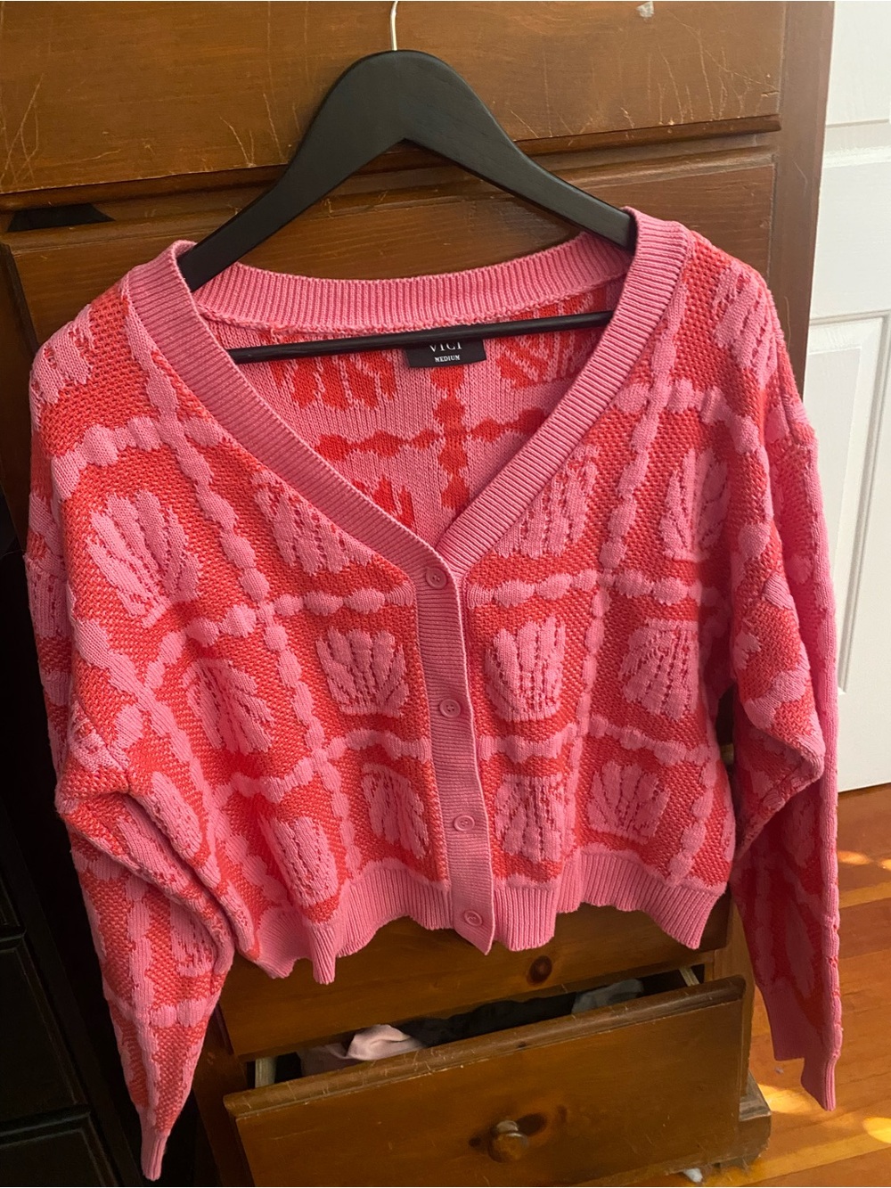 VICI Pink and Red Floral-Pattern V-Neck Button Cardigan
